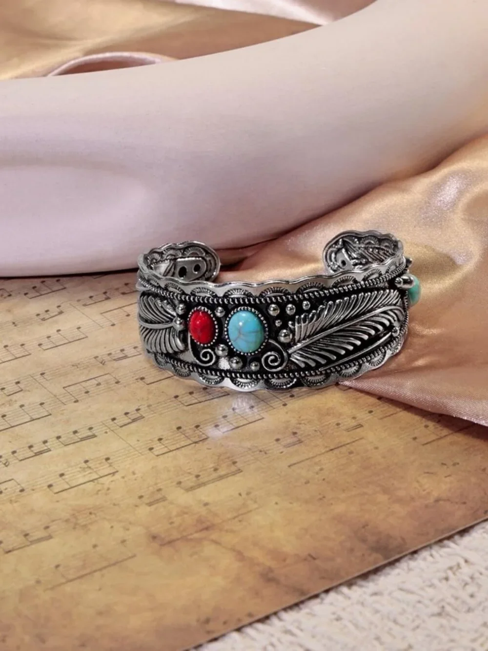 Turquoise Feather Cuff Bracelet - Adjustable Silver Boho Jewelry with Red